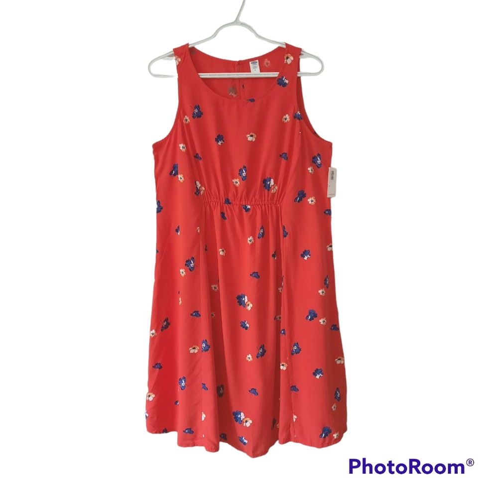 Old Navy Floral Maternity Tank Dress Sleeveless Red Orange Rayon Size M New